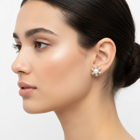 Pearl Flower Stud Silver Earrings