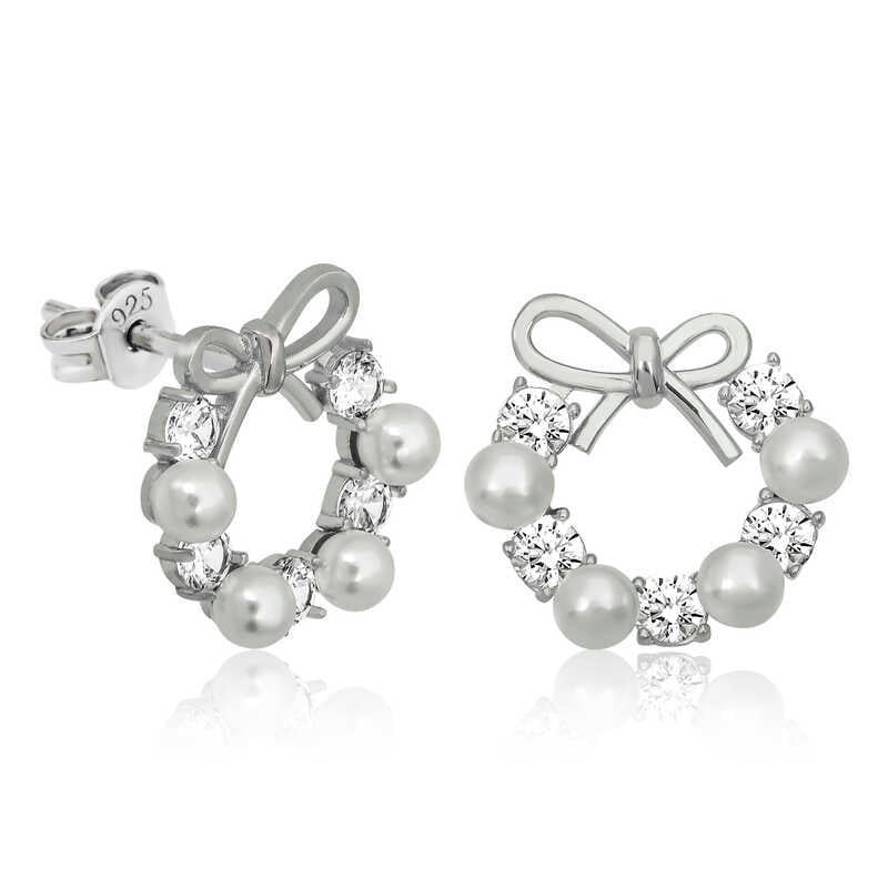 Pearl Ribbon Stud Women's Silver Earrings
