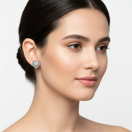 Diamond Setting Heart Stud Women's Silver Earrings