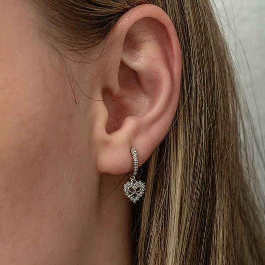 Heart Ribbon Dangle Women's Silver Earrings