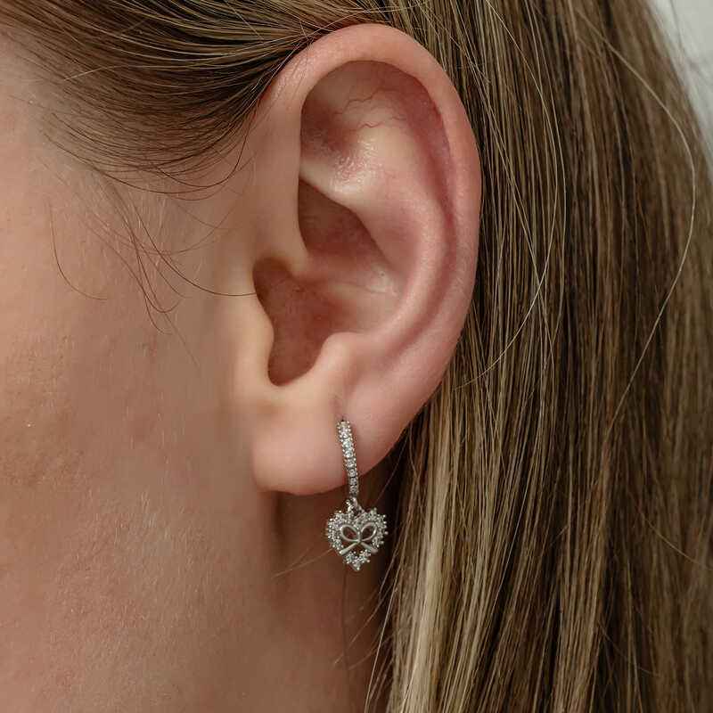 Heart Ribbon Dangle Women's Silver Earrings