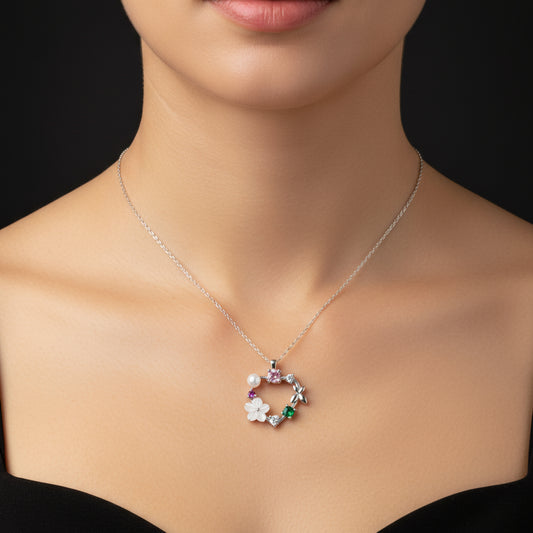 Heart Magnolia Flower Butterfly Women's Silver Necklace