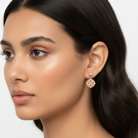 Heart-Leaf Flower Women's Rose Plated Silver Earrings