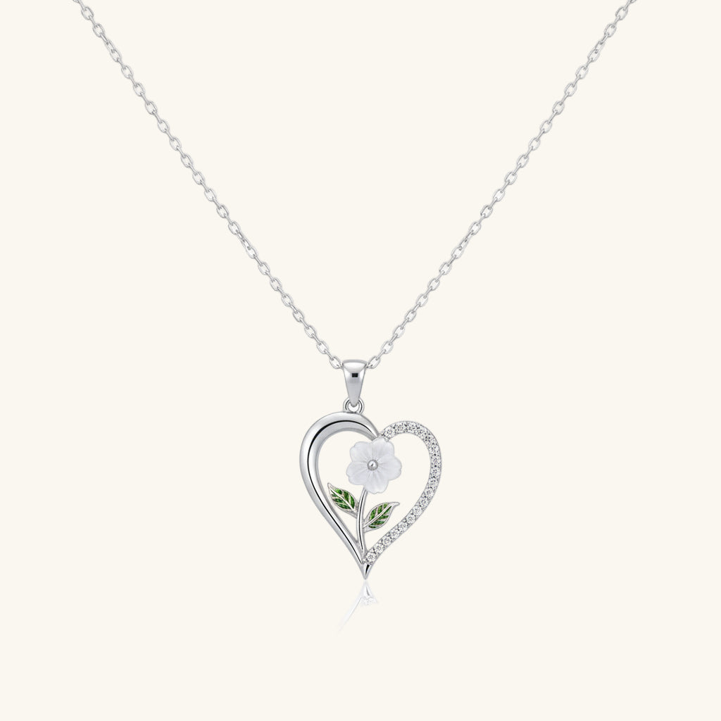 Heart with White Rose Women's Silver Necklace