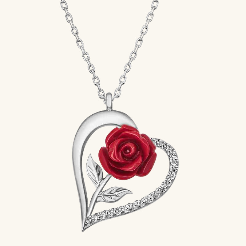 Heart with Red Rose Women's Silver Necklace