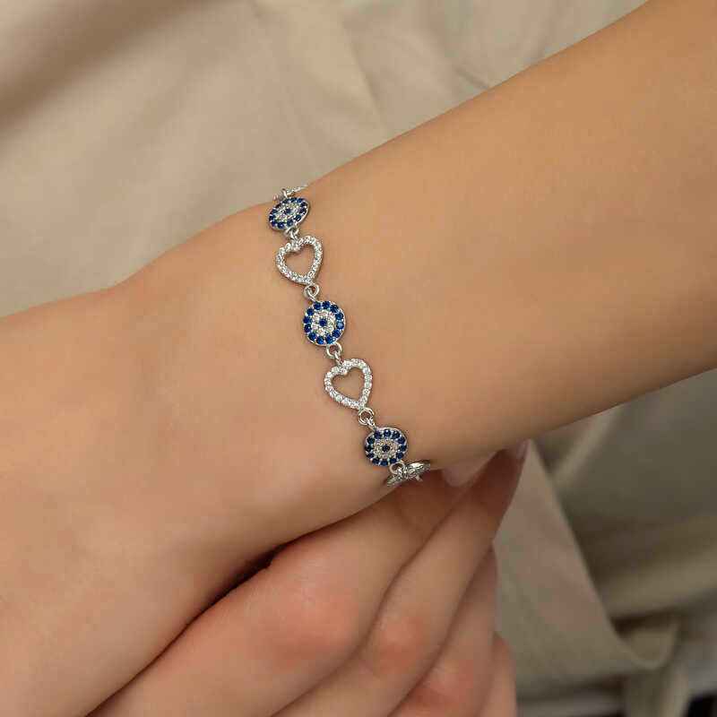 Heart-Shaped Evil Eye Women's Silver Bracelet