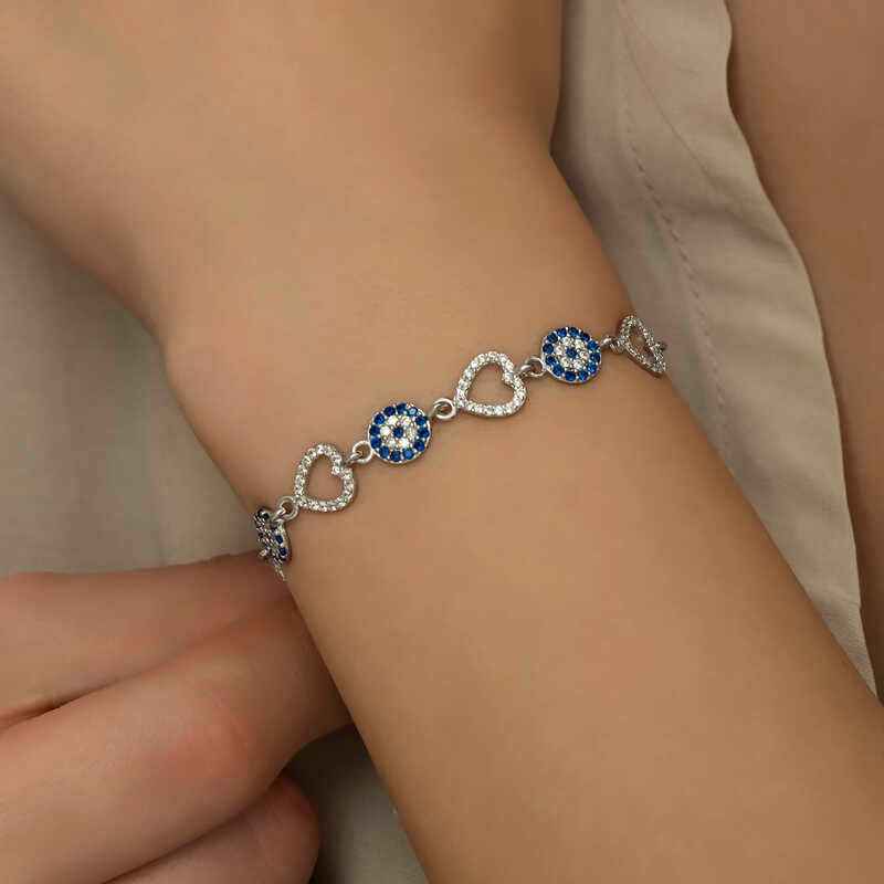Heart-Shaped Evil Eye Women's Silver Bracelet