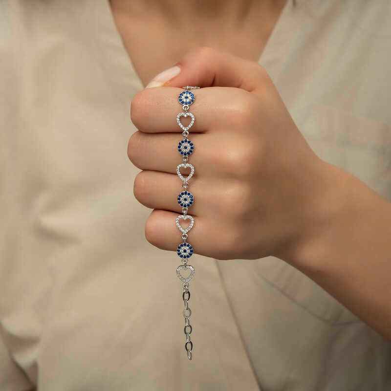 Heart-Shaped Evil Eye Women's Silver Bracelet
