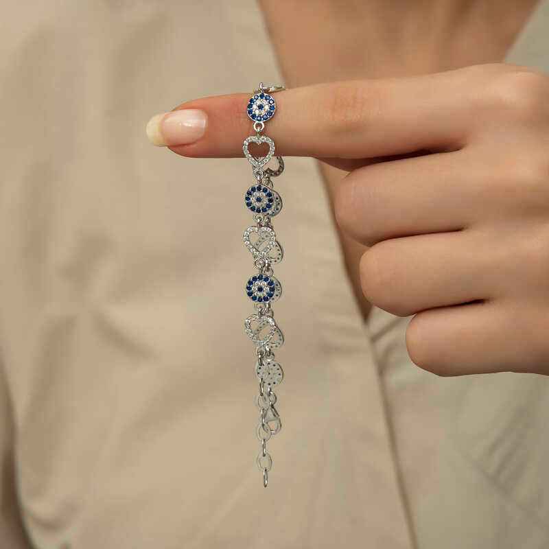 Heart-Shaped Evil Eye Women's Silver Bracelet