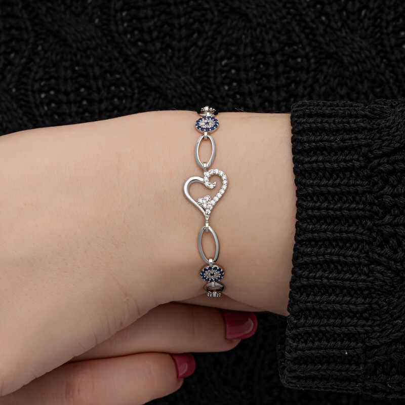 Heart Shaped Evil Eye Women's Silver Bracelet