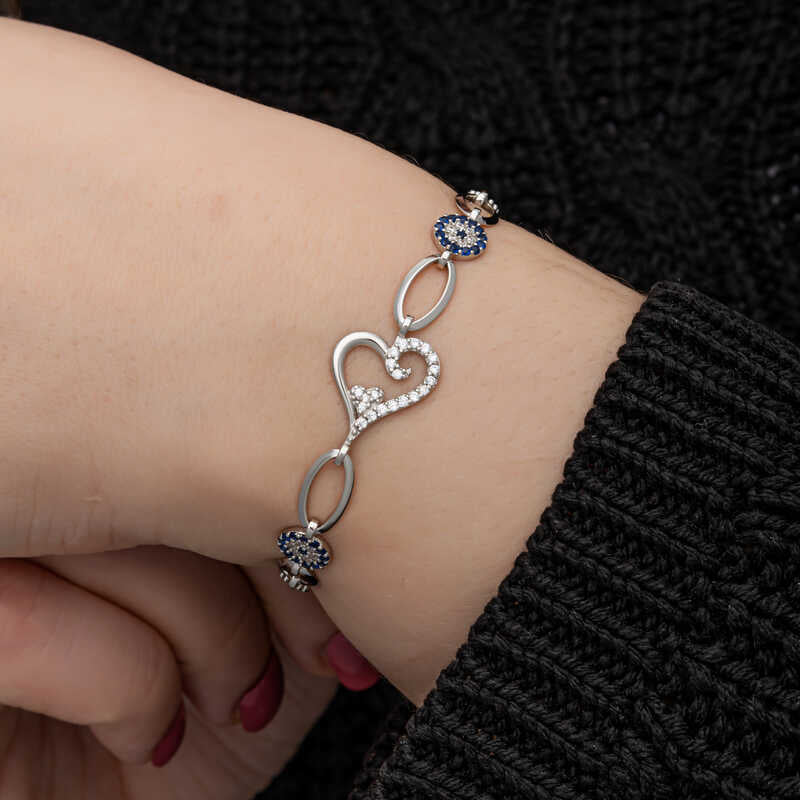 Heart Shaped Evil Eye Women's Silver Bracelet