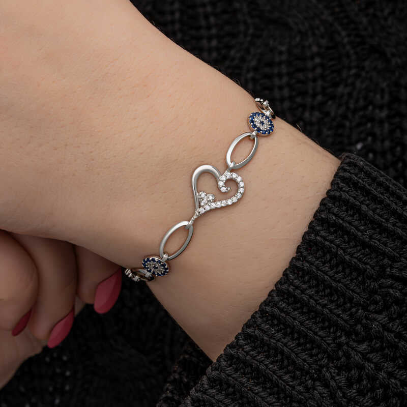 Heart Shaped Evil Eye Women's Silver Bracelet