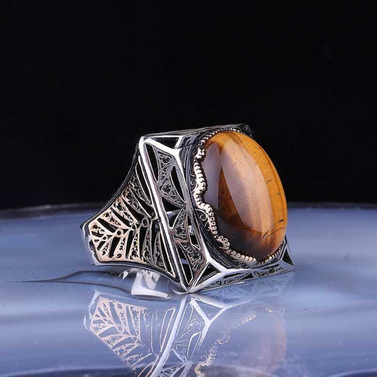 Quadratischer Herren-Silberring mit Tigerauge-Stein