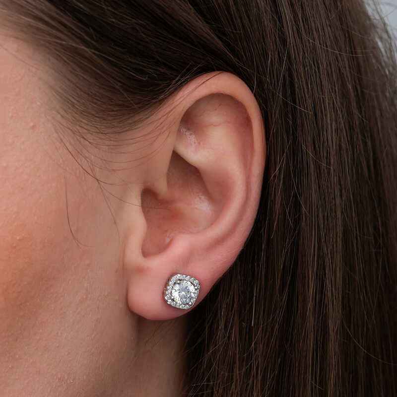 Square Mount Diamond Stud Model Women's Silver Earrings