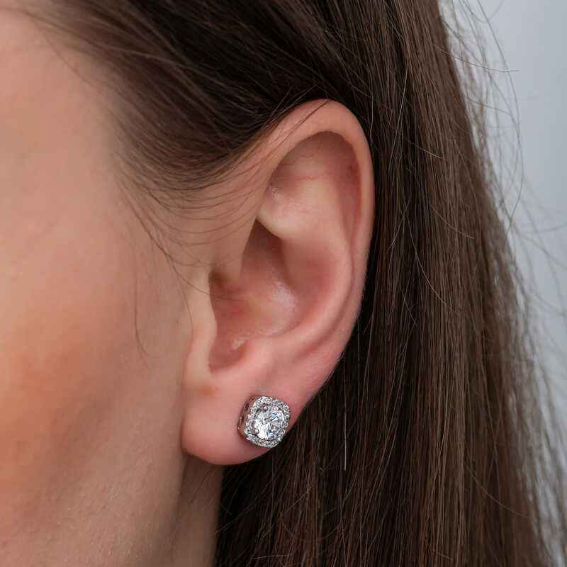 Square Mount Diamond Stud Model Women's Silver Earrings