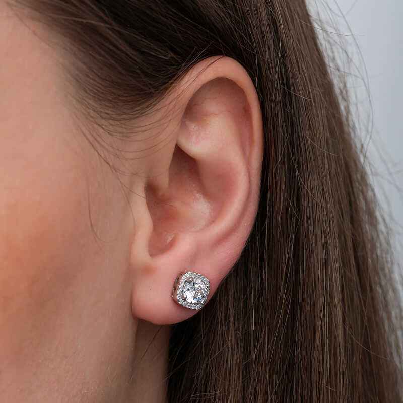 Square Mount Diamond Stud Model Women's Silver Earrings