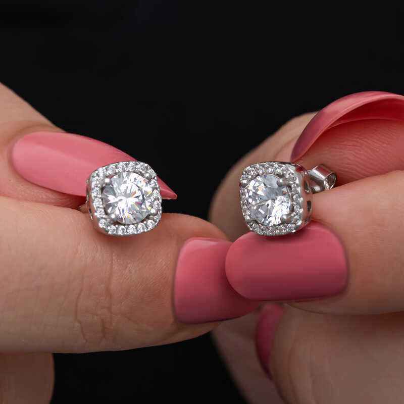 Square Mount Diamond Stud Model Women's Silver Earrings