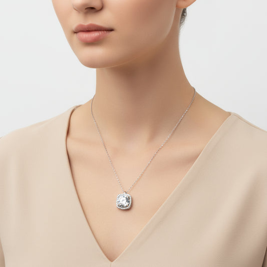 Square Setting Single Stone Silver Necklace