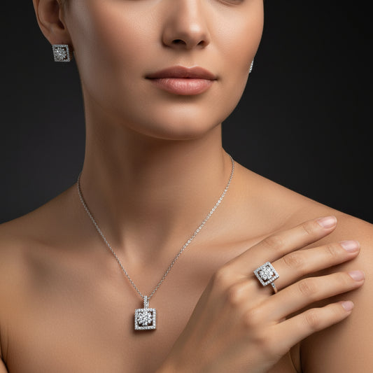Square Zircon Stone Women's Silver Set