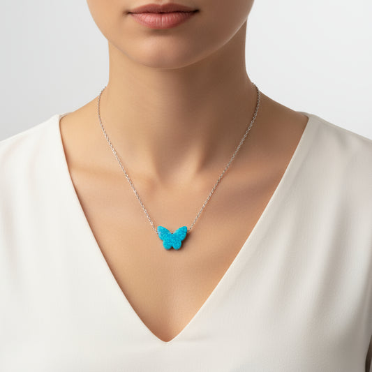Collier papillon en argent pour femme avec pierre d'opale bleue