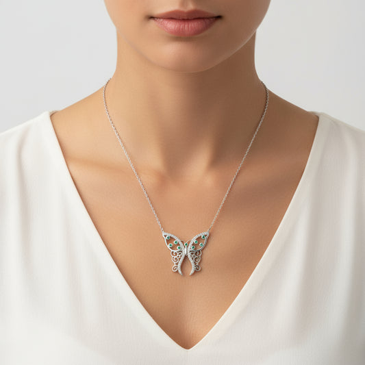 Patterned Butterfly Women's Silver Necklace