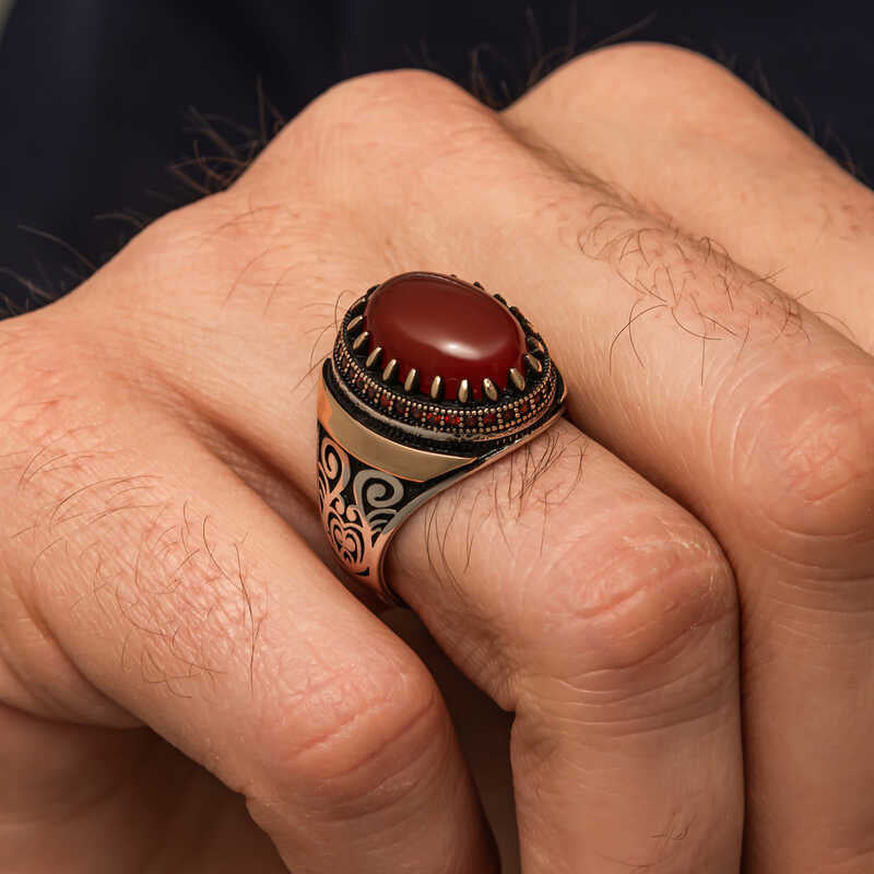 Red Agate Stone Patterned Men's Silver Ring