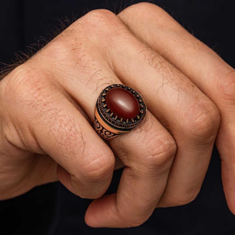 Red Agate Stone Patterned Men's Silver Ring