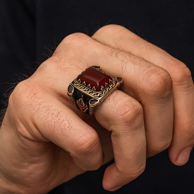 Red Agate Stone Men's Silver Ring