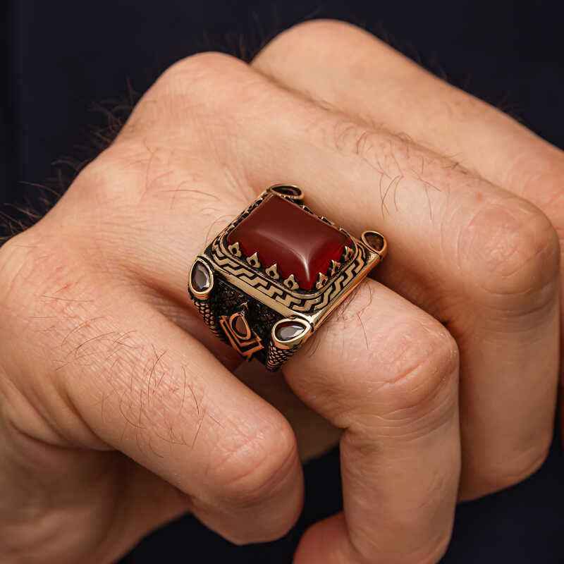 Red Agate Stone Men's Silver Ring
