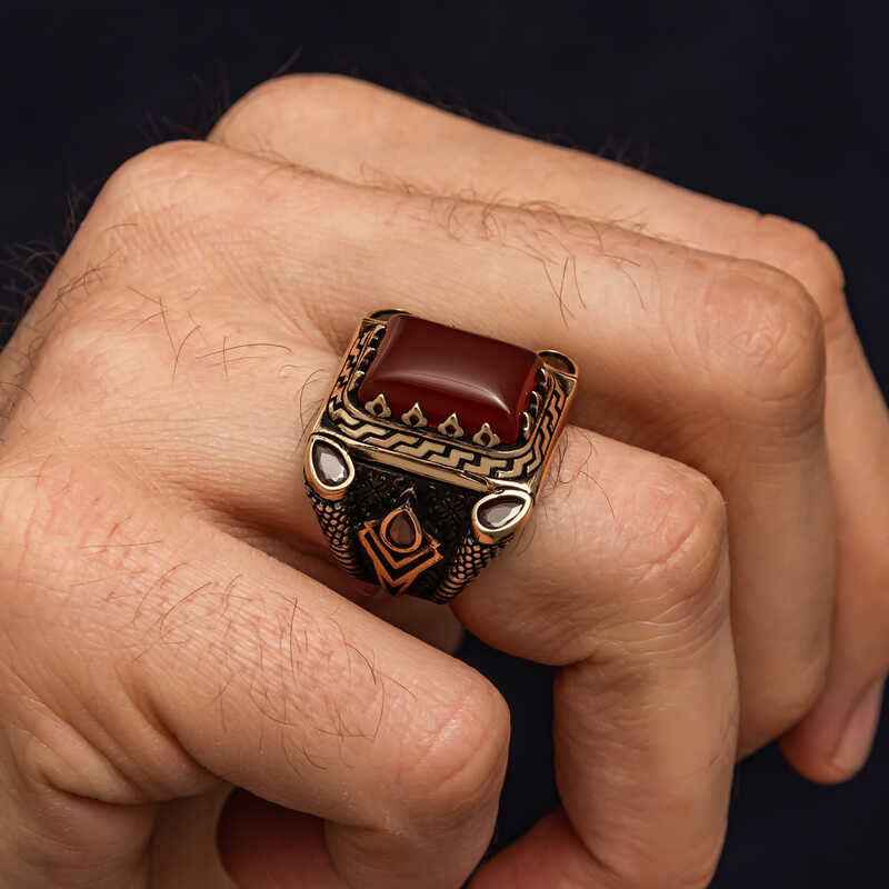 Red Agate Stone Men's Silver Ring