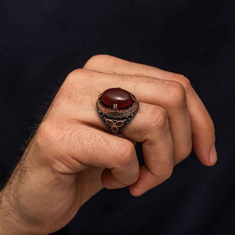 Red Agate Stone Men's Silver Ring