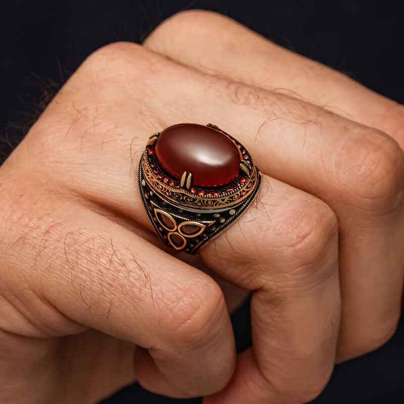 Red Agate Stone Men's Silver Ring