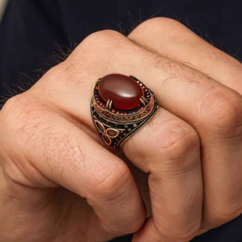 Red Agate Stone Men's Silver Ring