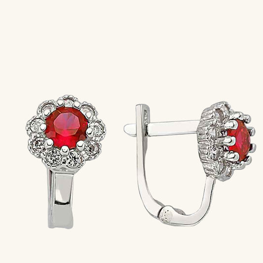 Red Flower Pattern Round J Women's Silver Earring