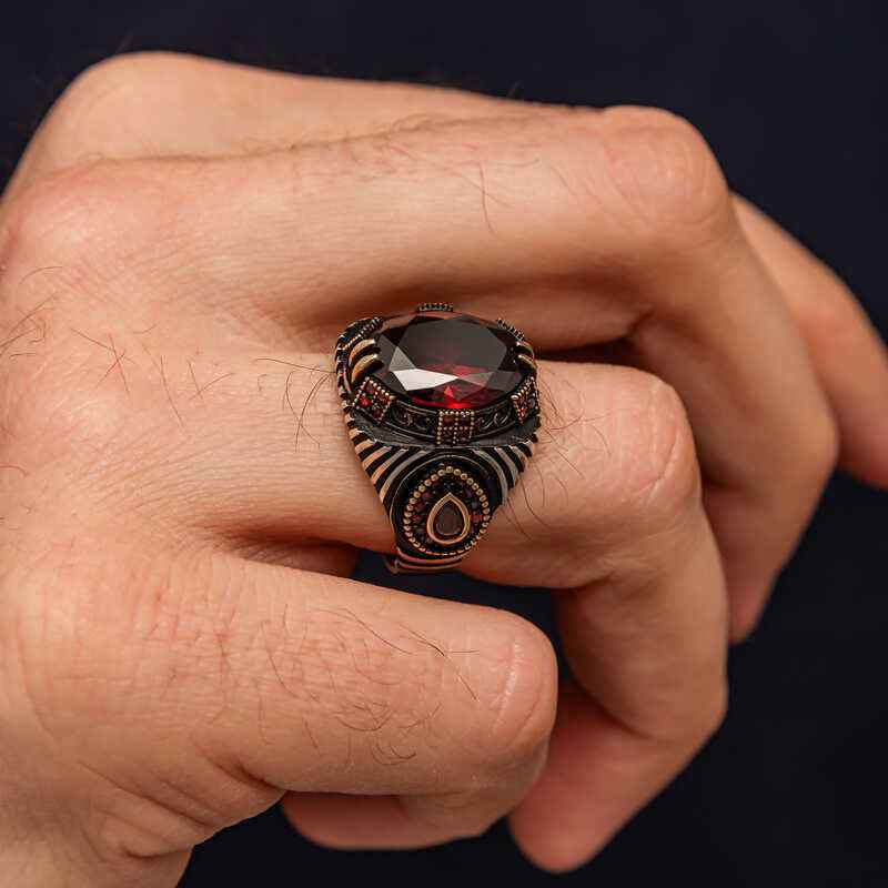 Red Faceted Stone Men's Silver Ring