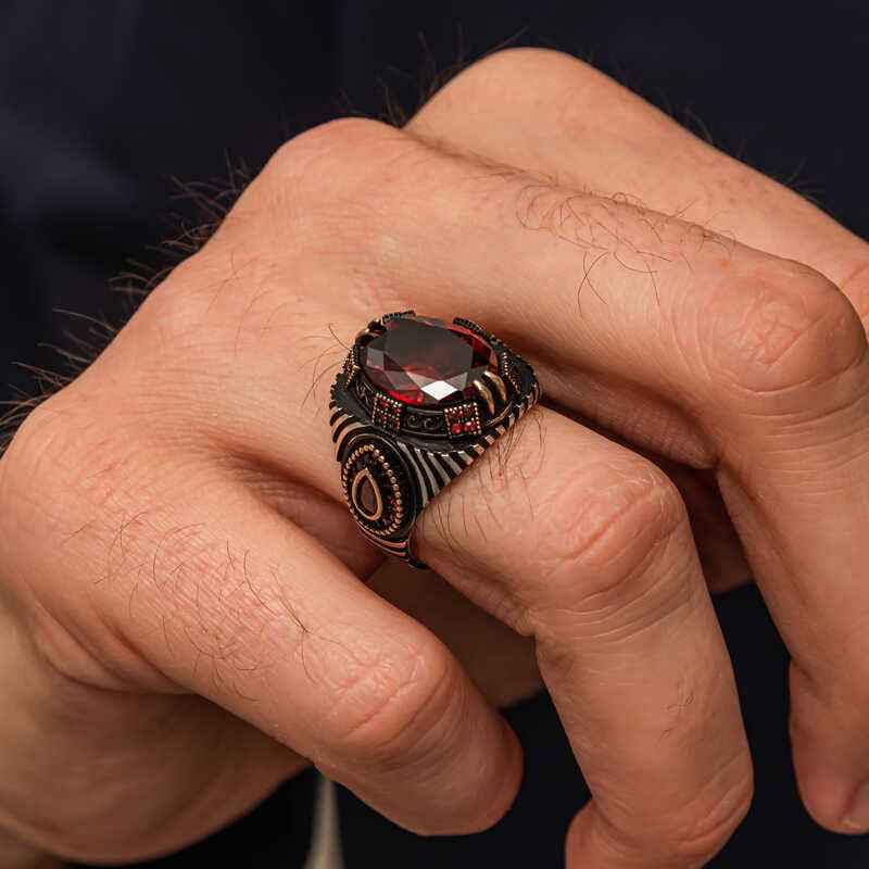 Red Faceted Stone Men's Silver Ring