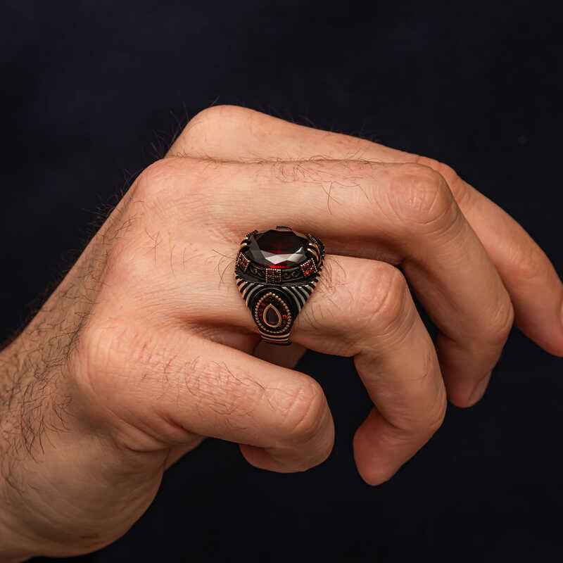 Red Faceted Stone Men's Silver Ring