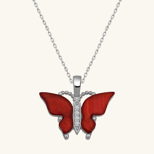 Red Tiger's Eye Stone Butterfly Women's Silver Pendant
