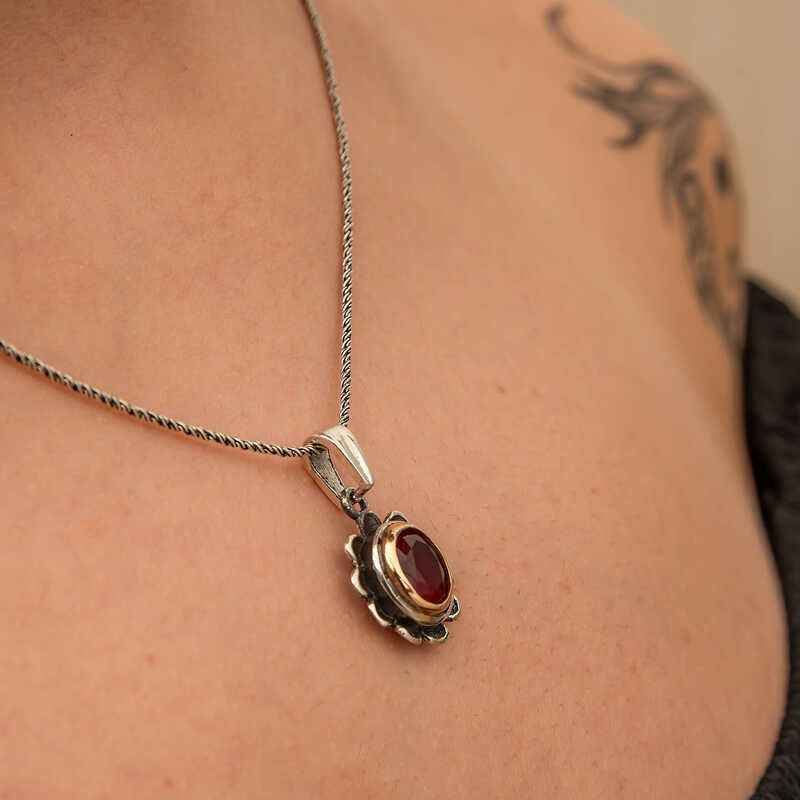 Red Stone Flower Model Women's Silver Necklace