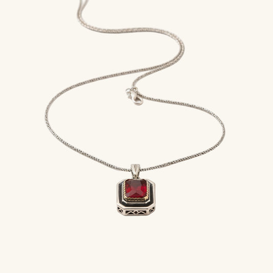 Red Stone Rectangular Women's Silver Pendant