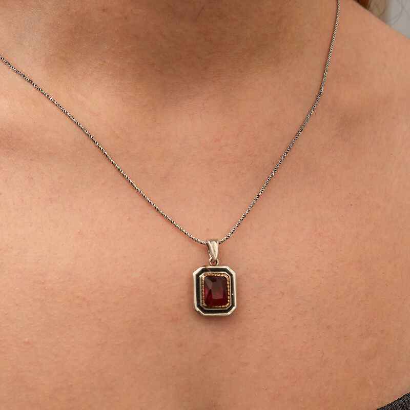 Red Stone Rectangular Women's Silver Pendant