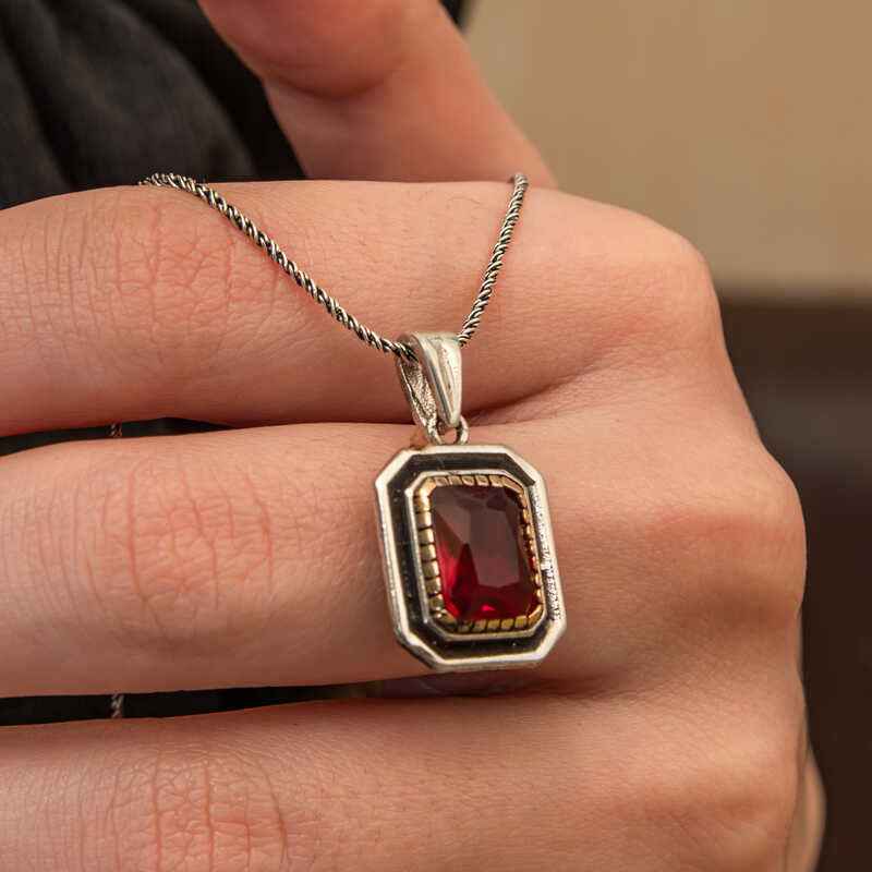 Red Stone Rectangular Women's Silver Pendant
