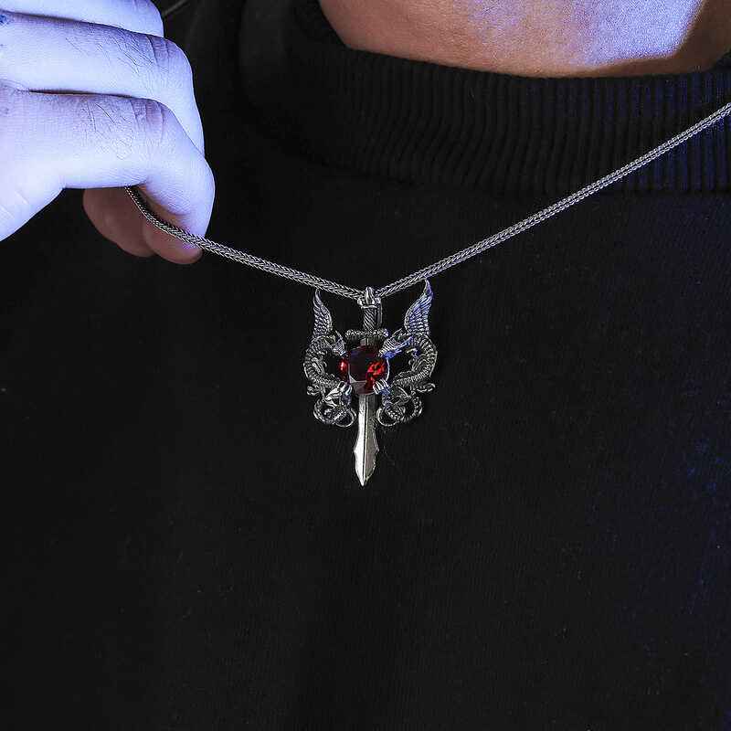 Red Stone Dragon Men's Sword Silver Pendant