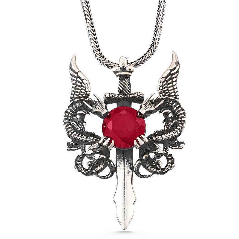 Red Stone Dragon Men's Sword Silver Pendant