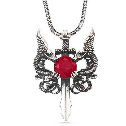 Red Stone Dragon Men's Sword Silver Pendant