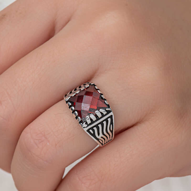 Red Zircon Stone Boys' Silver Ring