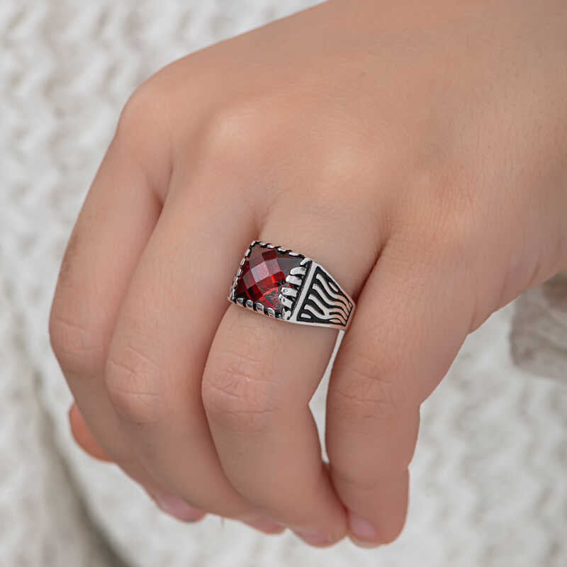 Red Zircon Stone Boys' Silver Ring