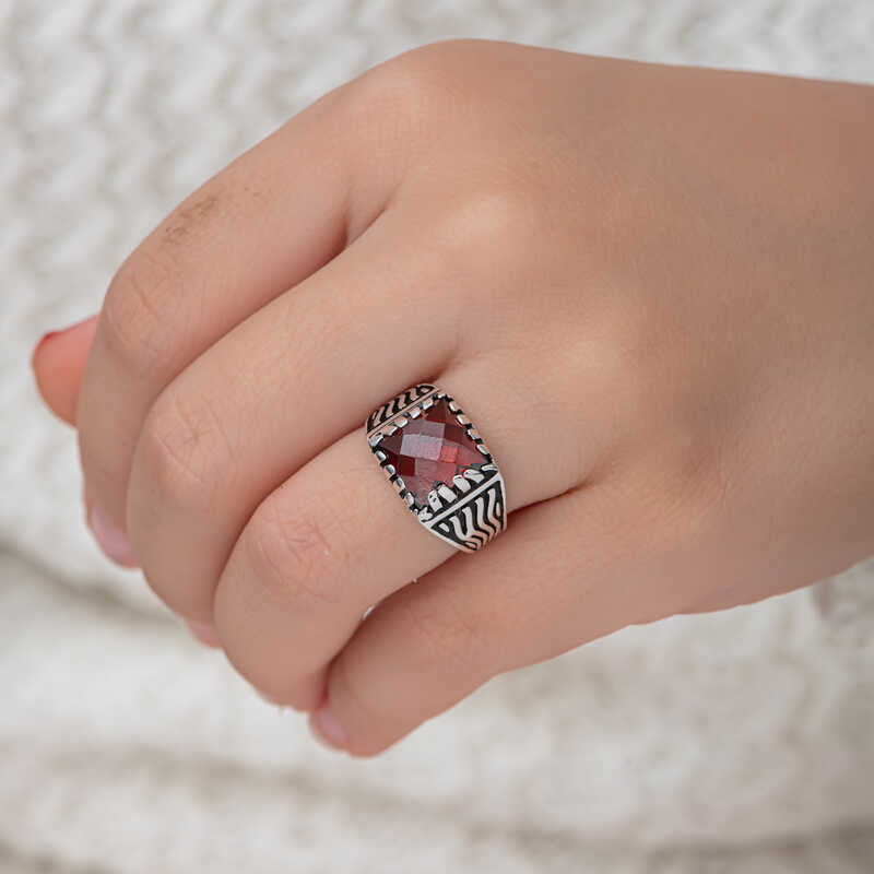 Red Zircon Stone Boys' Silver Ring