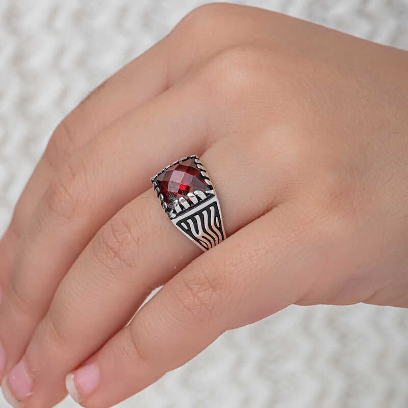 Red Zircon Stone Boys' Silver Ring