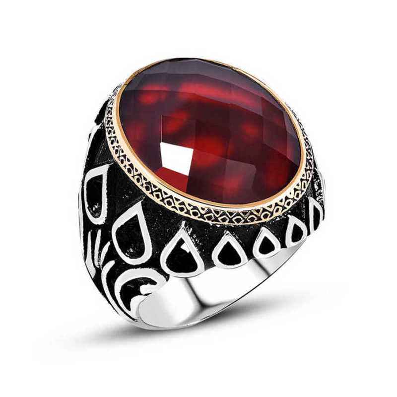 Red Zircon Stone Men's Silver Ring